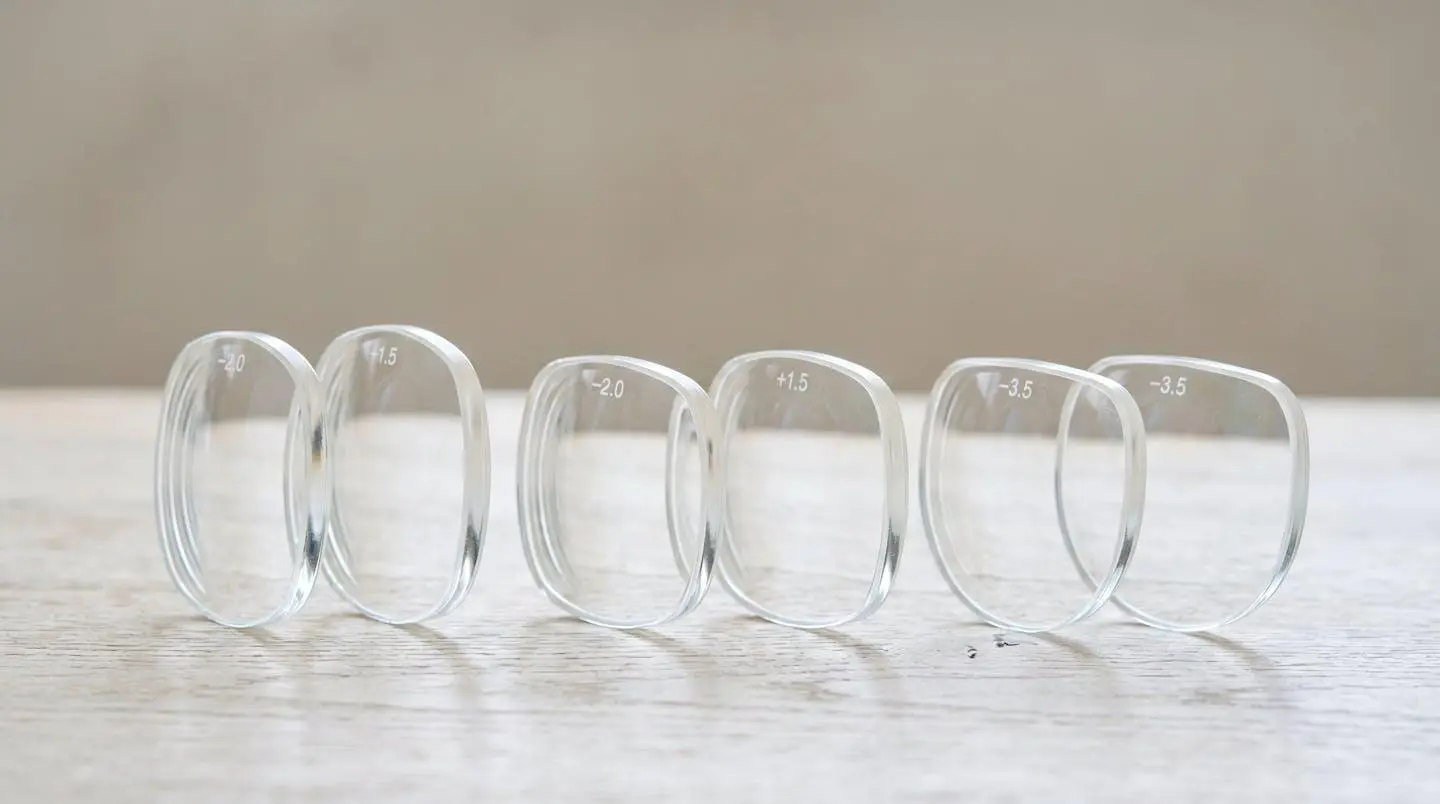 Gros plan sur des verre correcteurs pour masque de plongée, côte à côte, montrant différentes corrections