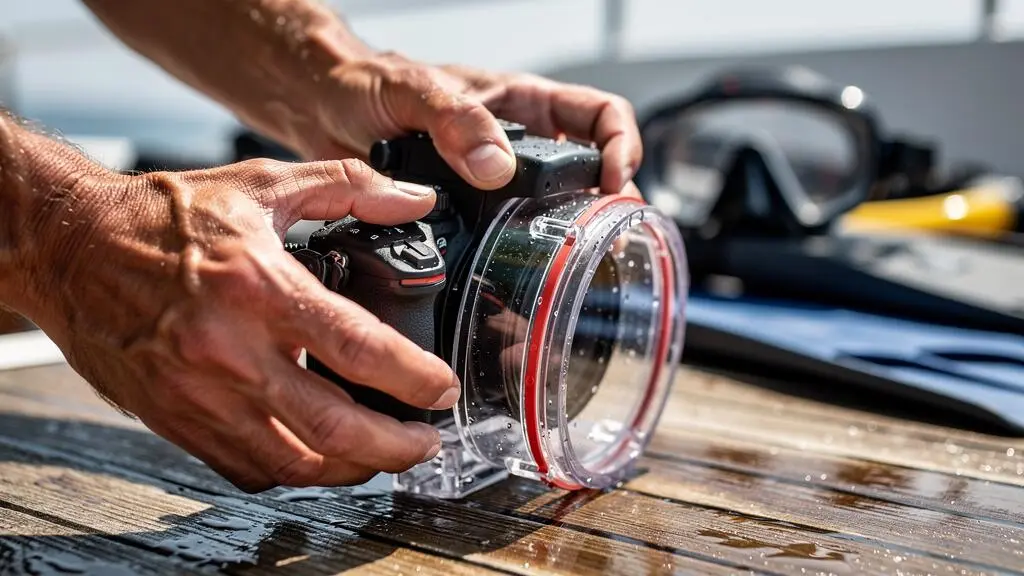 Gros plan sur des mains de plongeur installant avec précision un appareil photo reflex dans un caisson étanche transparent sur le pont d'un bateau, avec joints d'étanchéité rouges visibles
