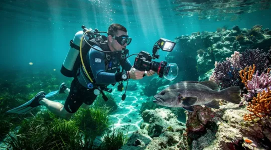 Photographe sous-marin équipé d'un caisson étanche avec dôme hémisphérique et double flash sur bras articulés photographiant un récif méditerranéen avec poissons dans une eau claire et turquoise