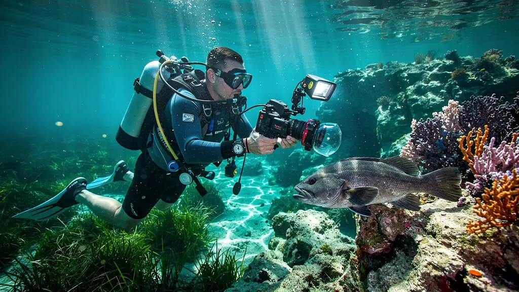 Photographe sous-marin équipé d'un caisson étanche avec dôme hémisphérique et double flash sur bras articulés photographiant un récif méditerranéen avec poissons dans une eau claire et turquoise